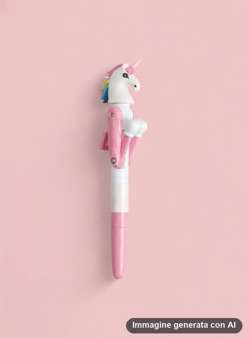 Penna con testa di unicorno bianco, criniera arcobaleno e braccia a molla con guantoni da boxe