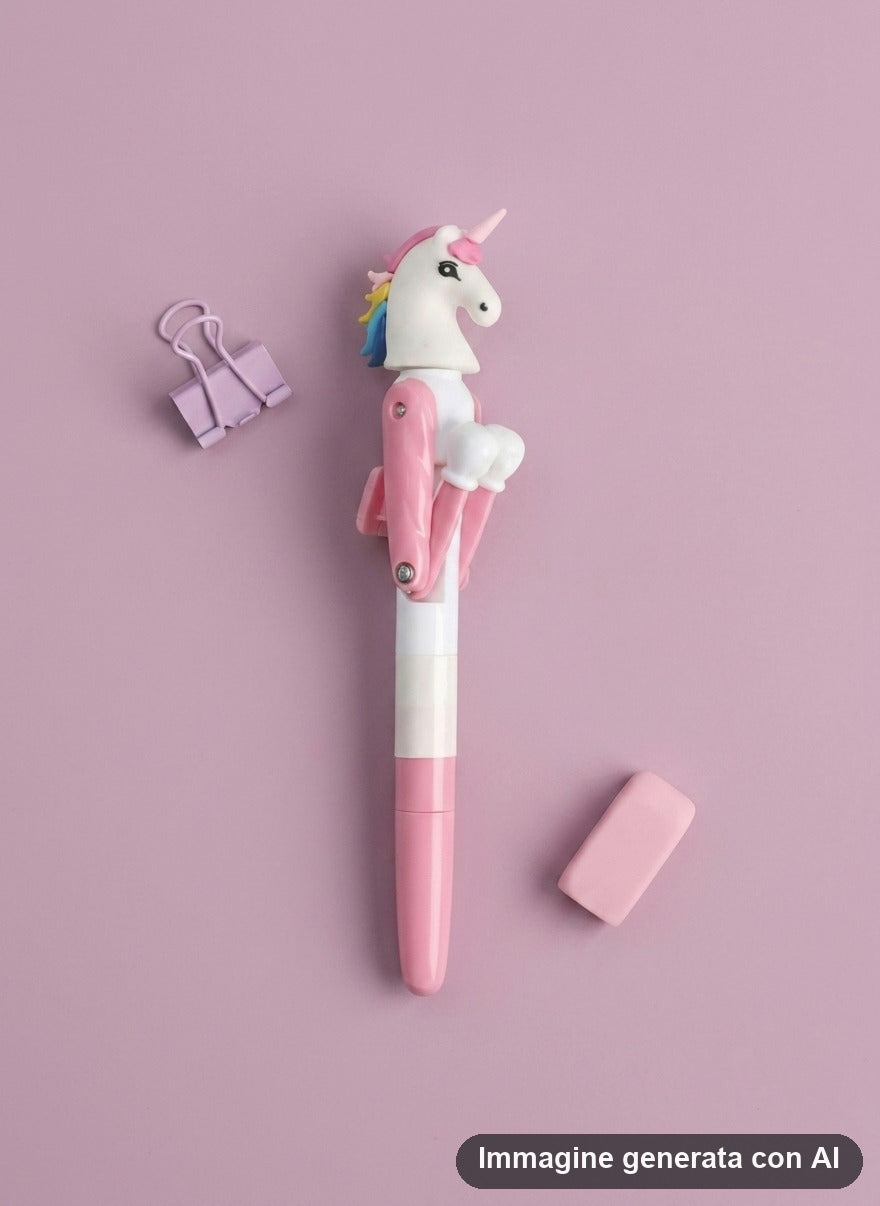 Penna con testa di unicorno bianco, criniera arcobaleno e braccia a molla con guantoni da boxe