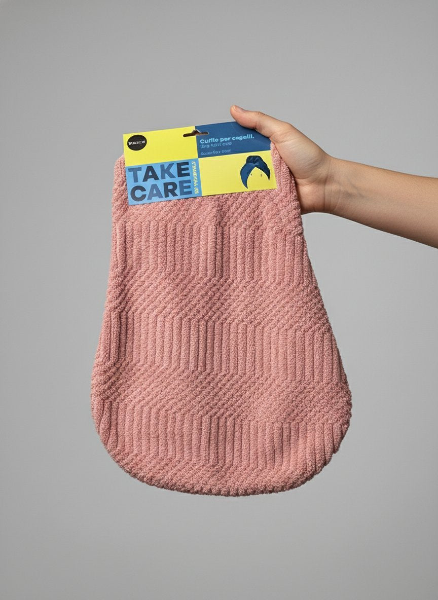 Quattro cuffie asciugacapelli in tessuto a nido d'ape nei colori rosa cipria, rosa intenso, bordeaux e beige con etichetta Ta