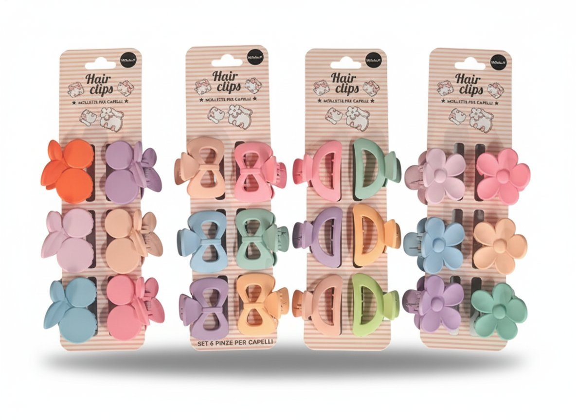 Set di sei pinze per capelli a forma di fiore in colori pastello rosa azzurro viola verde pesca e arancio