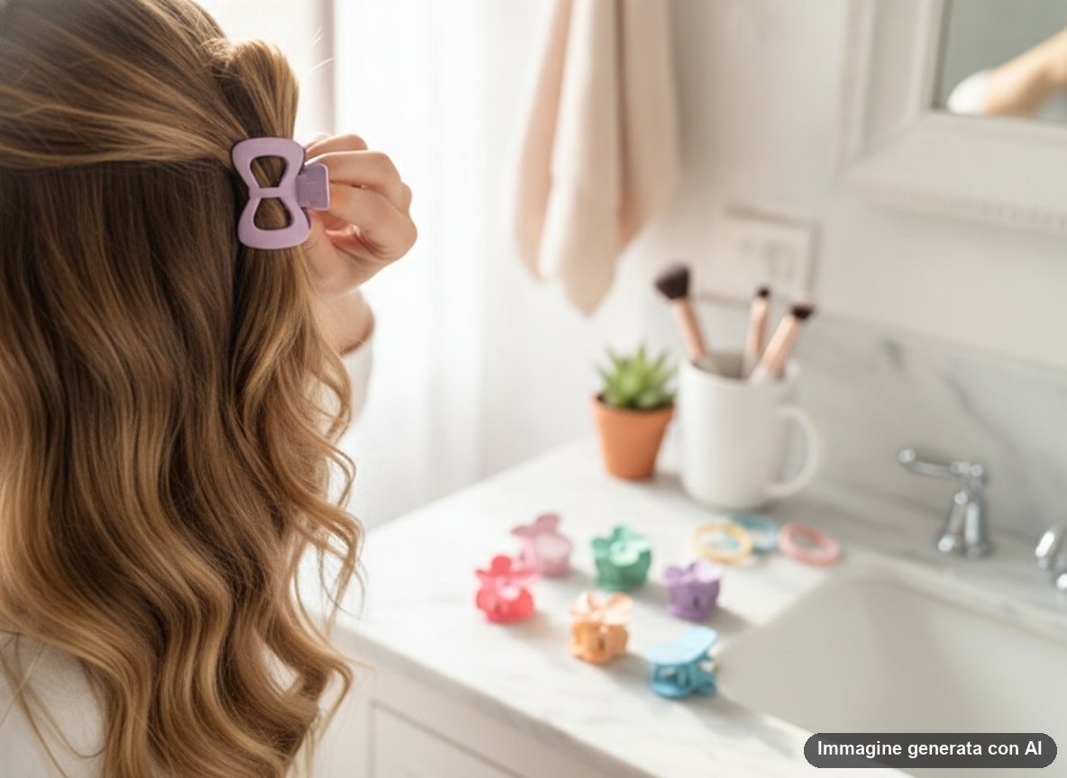Set di sei pinze per capelli a forma di fiore in colori pastello rosa azzurro viola verde pesca e arancio