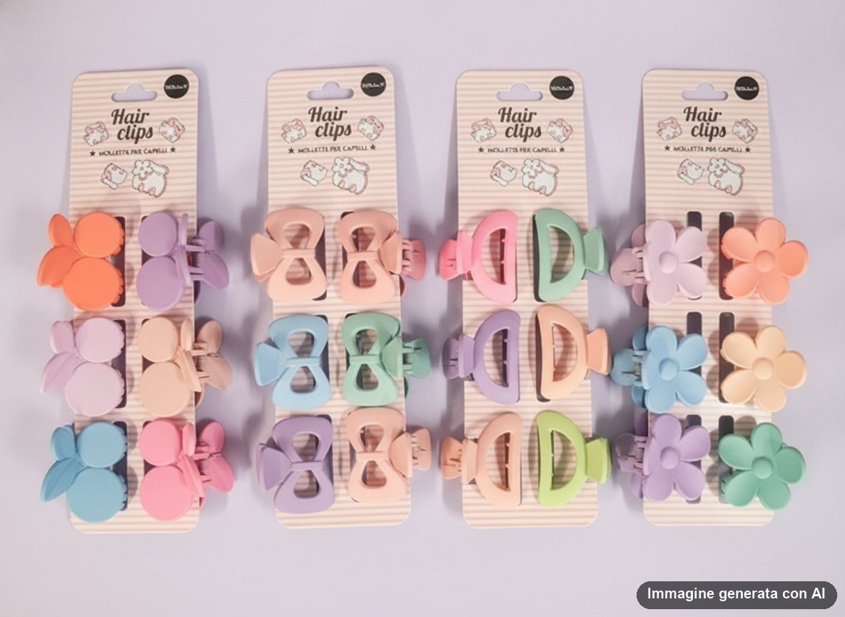 Set di sei pinze per capelli a forma di fiore in colori pastello rosa azzurro viola verde pesca e arancio
