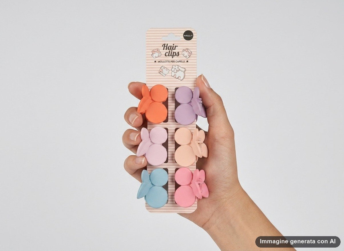Set di sei pinze per capelli a forma di fiore in colori pastello rosa azzurro viola verde pesca e arancio