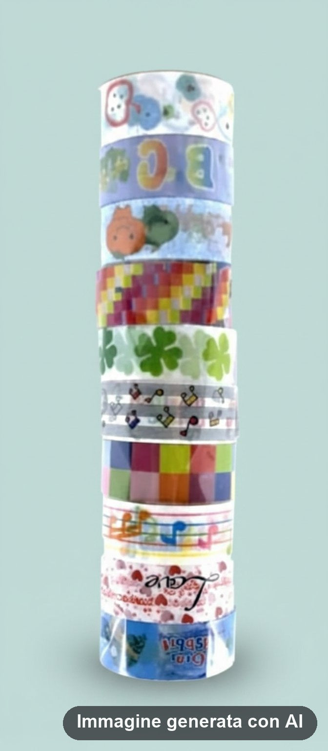 Dieci rotoli di nastro adesivo decorativo impilati con fantasie a fiori, cuori, note musicali e quadretti