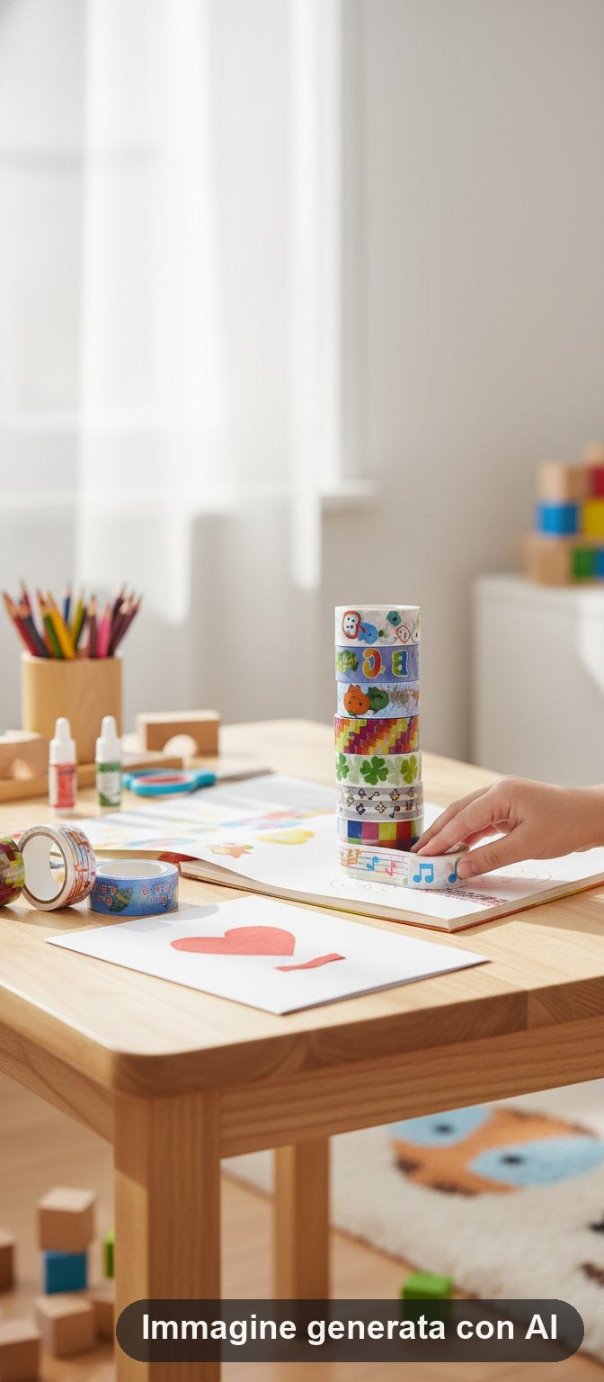 Dieci rotoli di nastro adesivo decorativo impilati con fantasie a fiori, cuori, note musicali e quadretti
