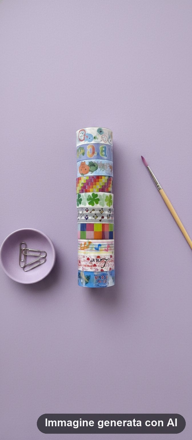 Dieci rotoli di nastro adesivo decorativo impilati con fantasie a fiori, cuori, note musicali e quadretti