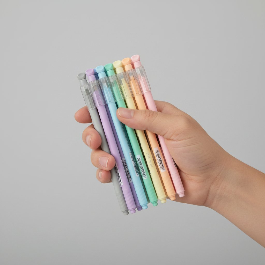 Set 8 penne colorate pastello in mano: grigio, viola, azzurro, verde, giallo, pesca e rosa