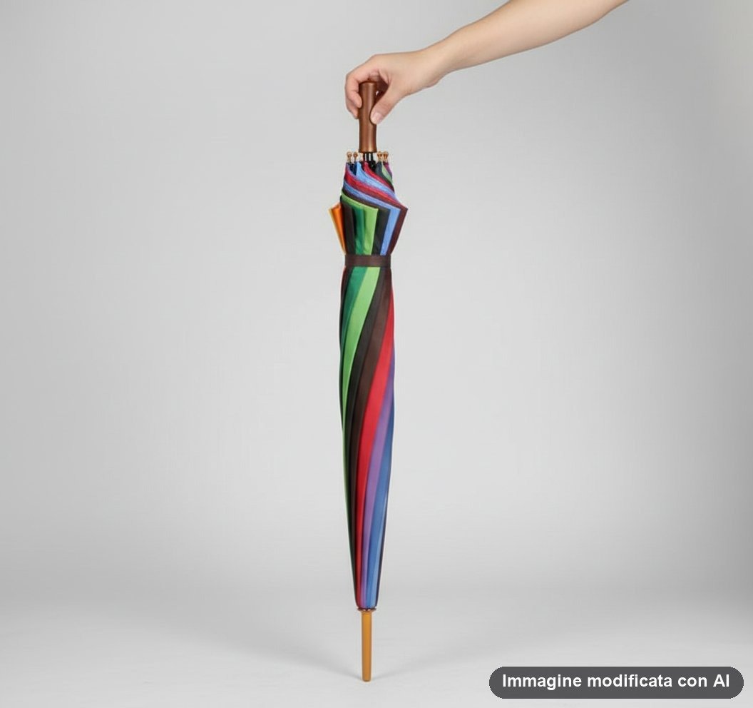 Ombrello lungo a spicchi colorati, mostrato aperto e chiuso, con manico ricurvo in legno chiaro