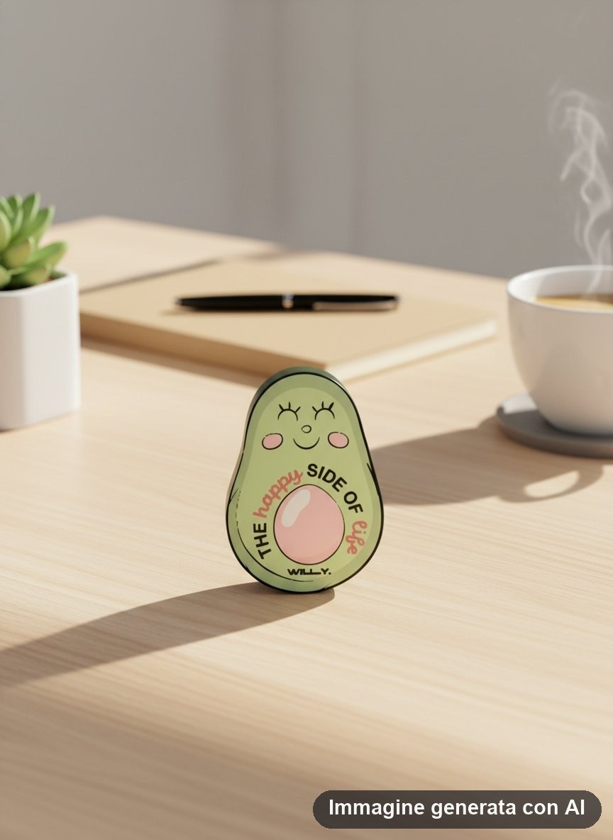 Spilla a forma di avocado verde con faccia sorridente, guance rosa e nocciolo chiaro