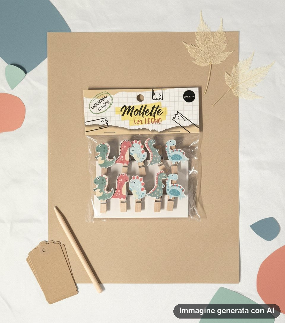 Dieci mollette in legno con dinosauri in tonalita pastello nella confezione trasparente