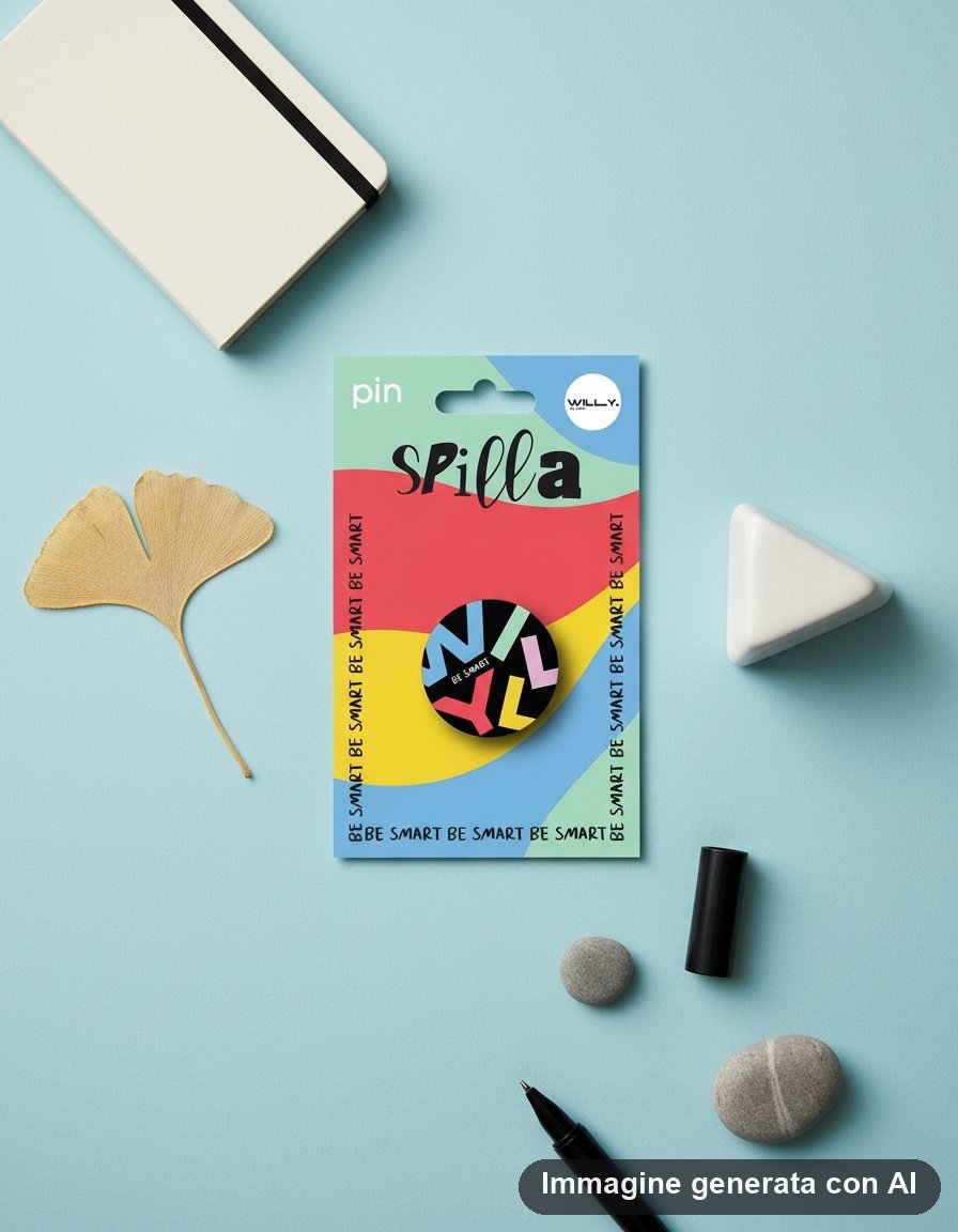 Spilla rotonda con grandi lettere colorate su fondo nero, esposta su cartoncino a fasce colorate