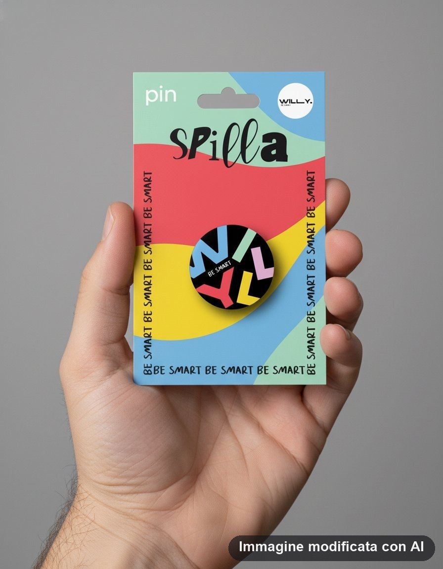 Spilla rotonda con grandi lettere colorate su fondo nero, esposta su cartoncino a fasce colorate