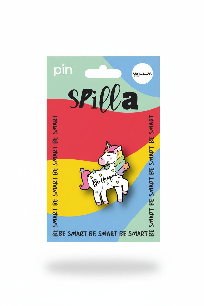 Spilla unicorno bianco con criniera rosa e azzurra, dettagli dorati, confezione colorata arcobaleno Spilla