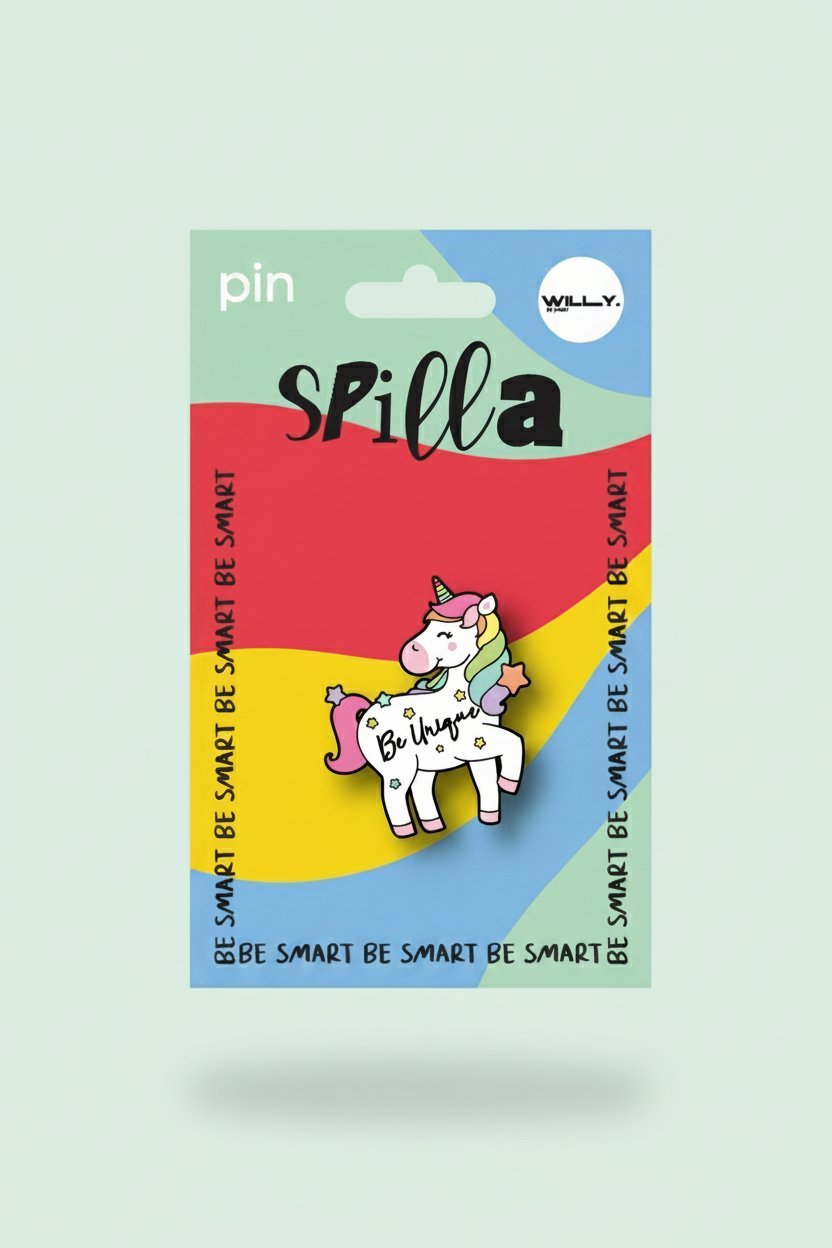 Spilla unicorno colorato con criniera rosa e azzurra, packaging Spilla con sfondo arcobaleno