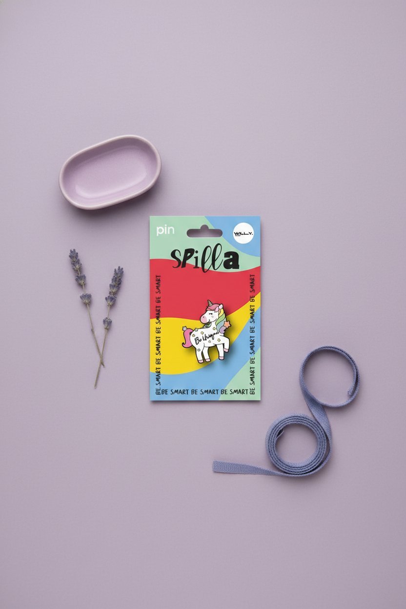 Spilla unicorno colorata con confezione arcobaleno, nastri blu e accessori su sfondo rosa