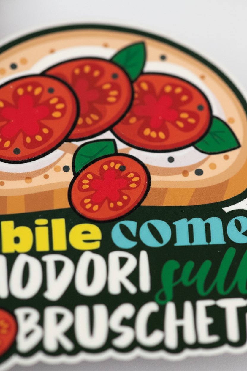 Spilla pomodoro stabile con fetta di pane tostato, pomodori rossi affettati e foglie verdi su sfondo bianco
