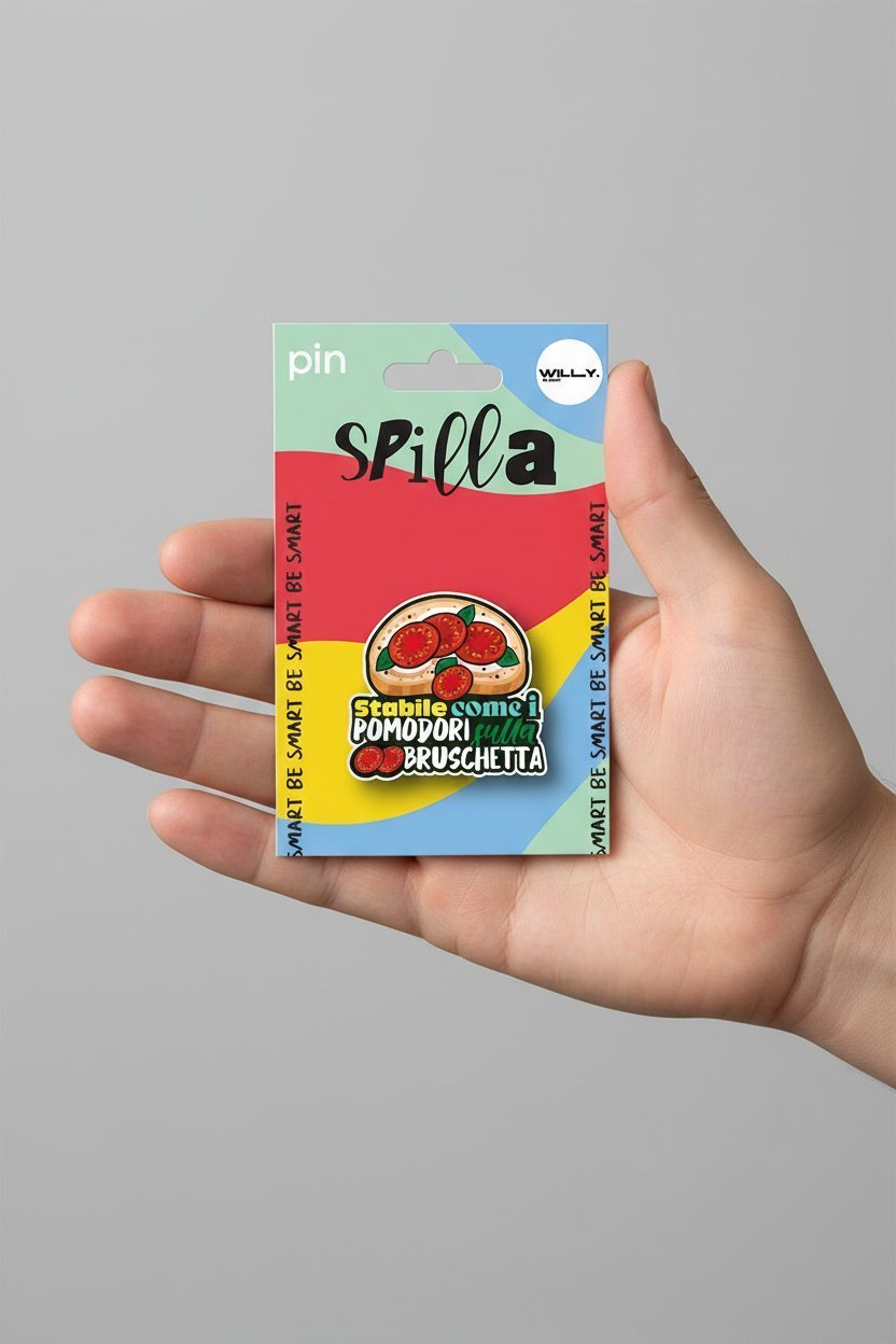 Spilla pomodoro bruschetta colorata con packaging multicolore mint, rosso e giallo, tenuta in mano su sfondo grigio