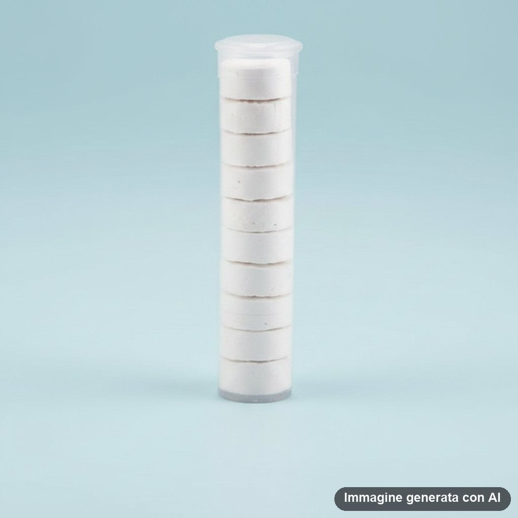 Tubo trasparente con dodici pastiglie bianche di asciugamani compressi