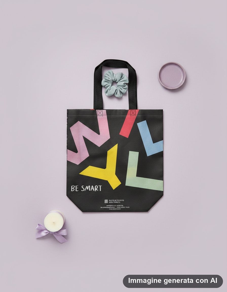 Borsa della spesa in tessuto non tessuto nera con grandi lettere colorate