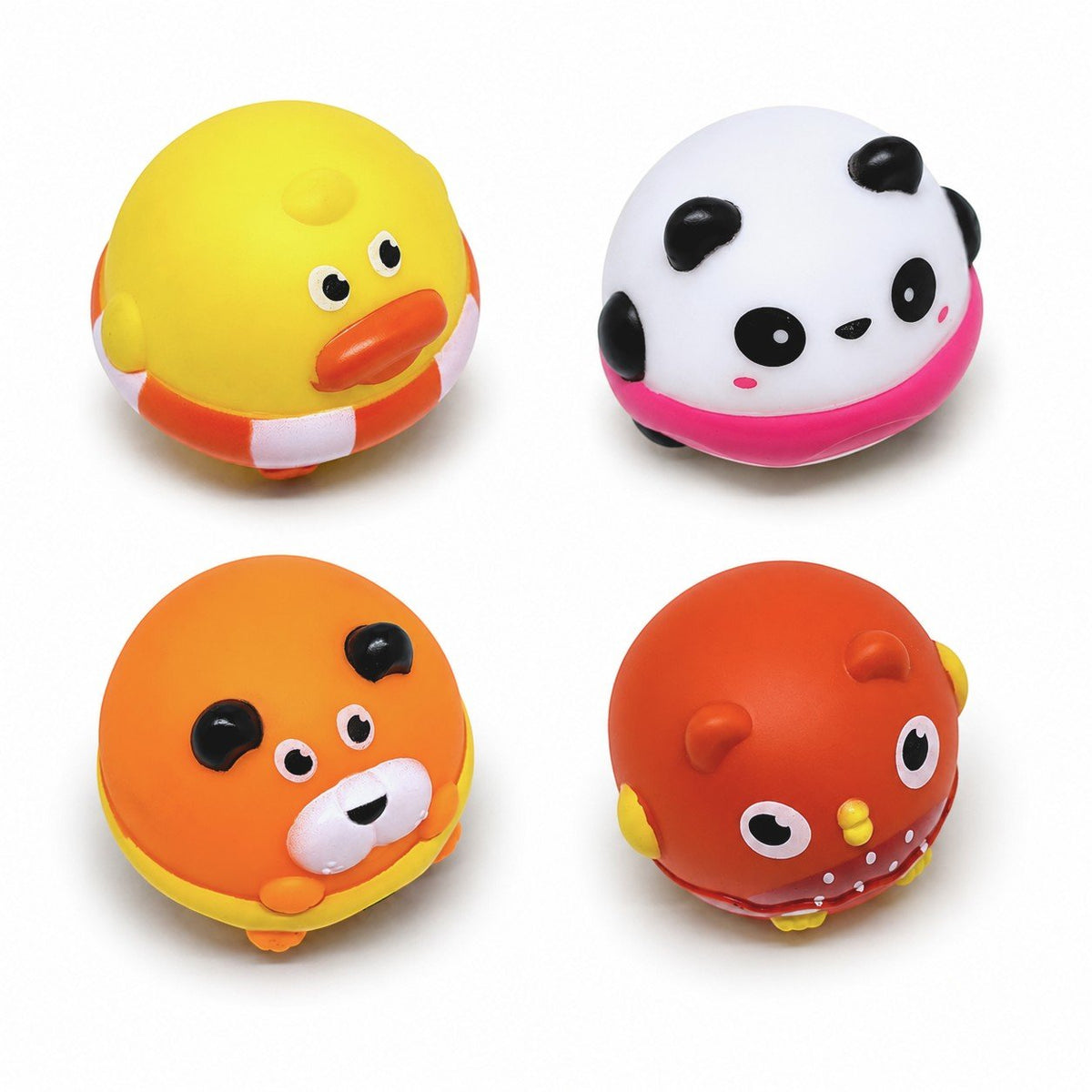 Set di quattro palline gioco per animali domestici con design kawaii, colori giallo, bianco, arancio e rosso con facce tenere