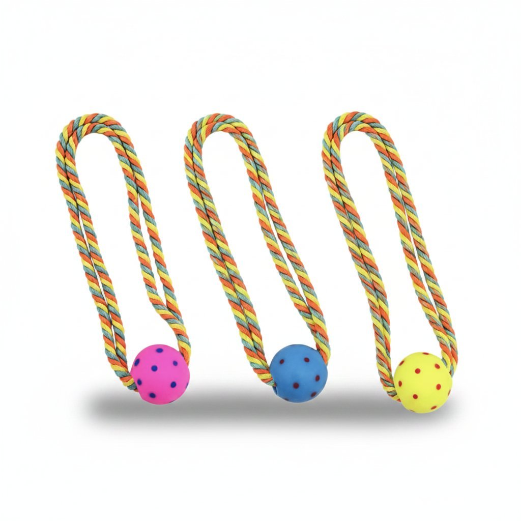 Tre giochi per cani con corda intrecciata arcobaleno e pallina colorata con pois nei colori rosa, blu e giallo