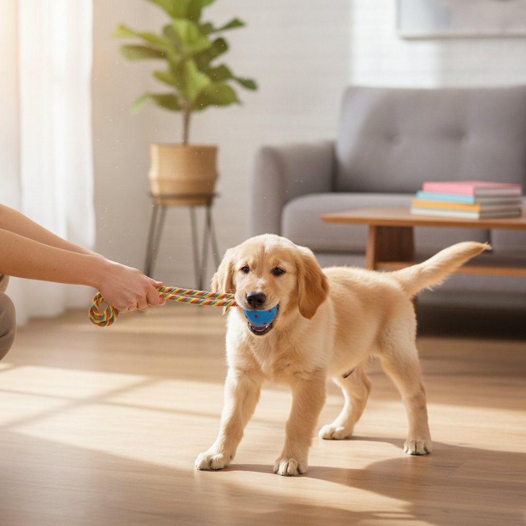 Tre giochi per cani con corda intrecciata arcobaleno e pallina colorata con pois nei colori rosa, blu e giallo