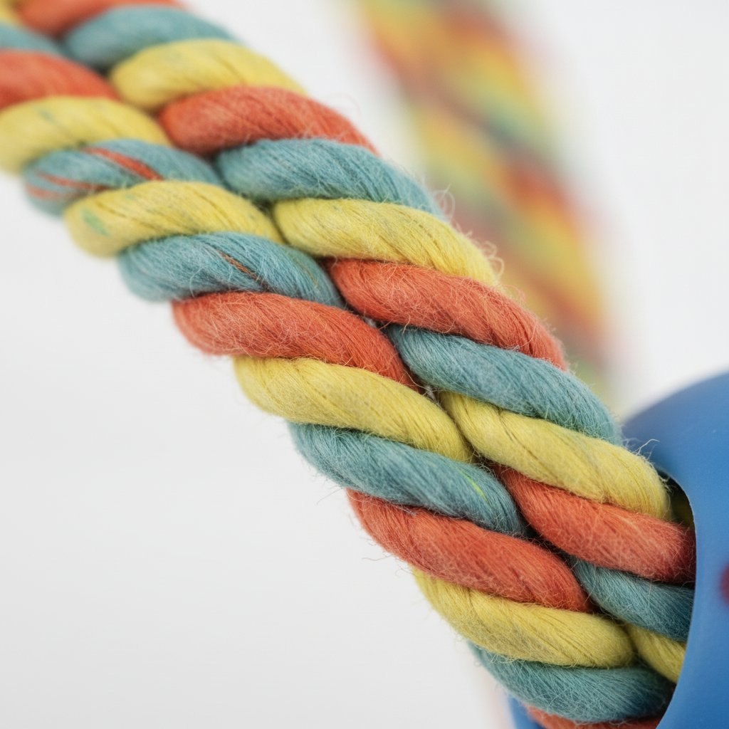 Tre giochi per cani con corda intrecciata arcobaleno e pallina colorata con pois nei colori rosa, blu e giallo