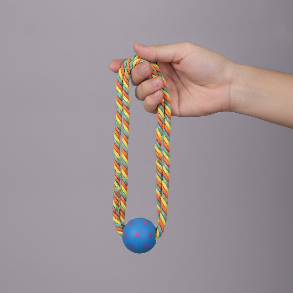 Tre giochi per cani con corda intrecciata arcobaleno e pallina colorata con pois nei colori rosa, blu e giallo