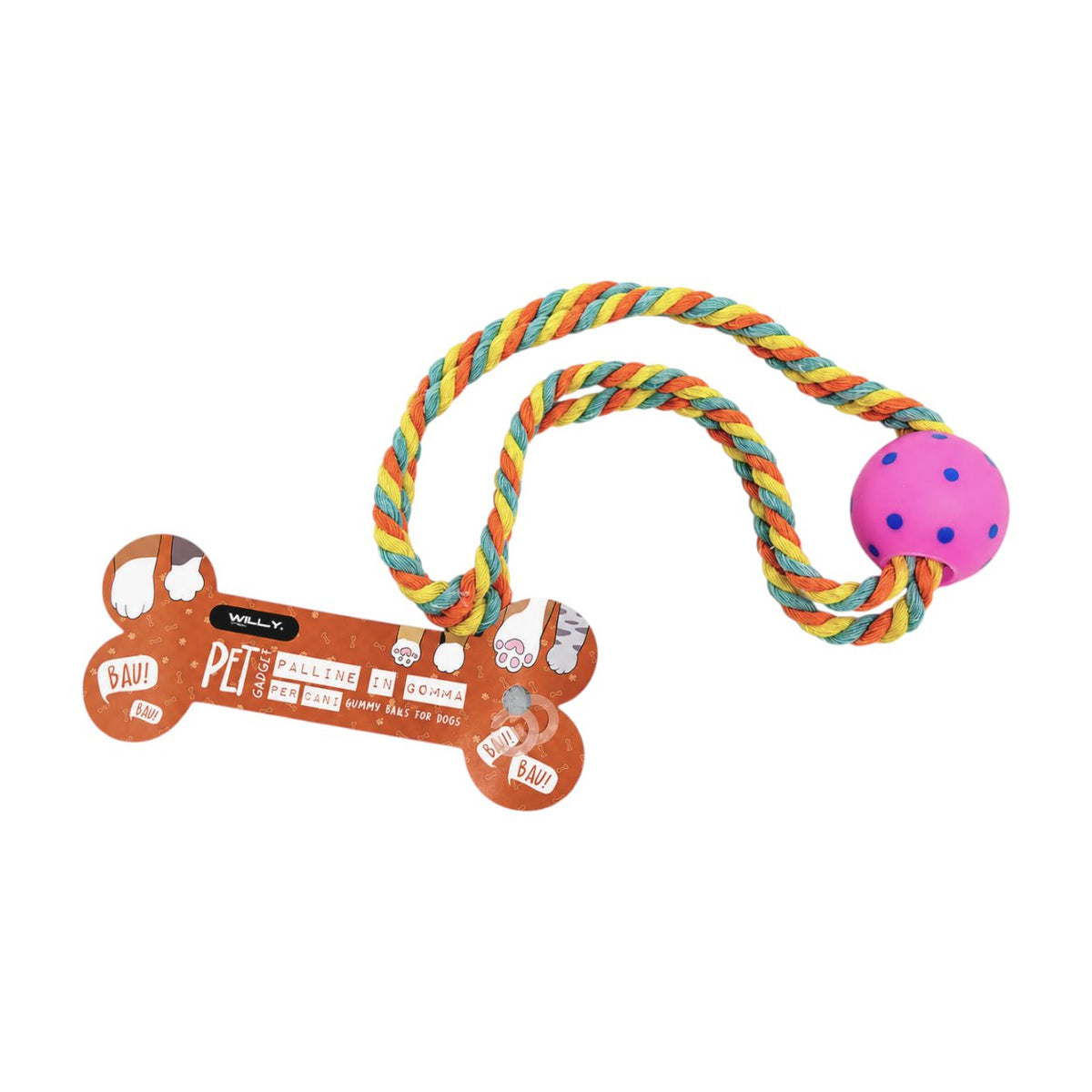 Tre giochi per cani con corda intrecciata arcobaleno e pallina colorata con pois nei colori rosa, blu e giallo
