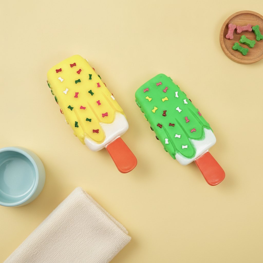 Due giocattoli a forma di gelato morbido per animali domestici, uno giallo e uno verde con bastoncino rosso arancione