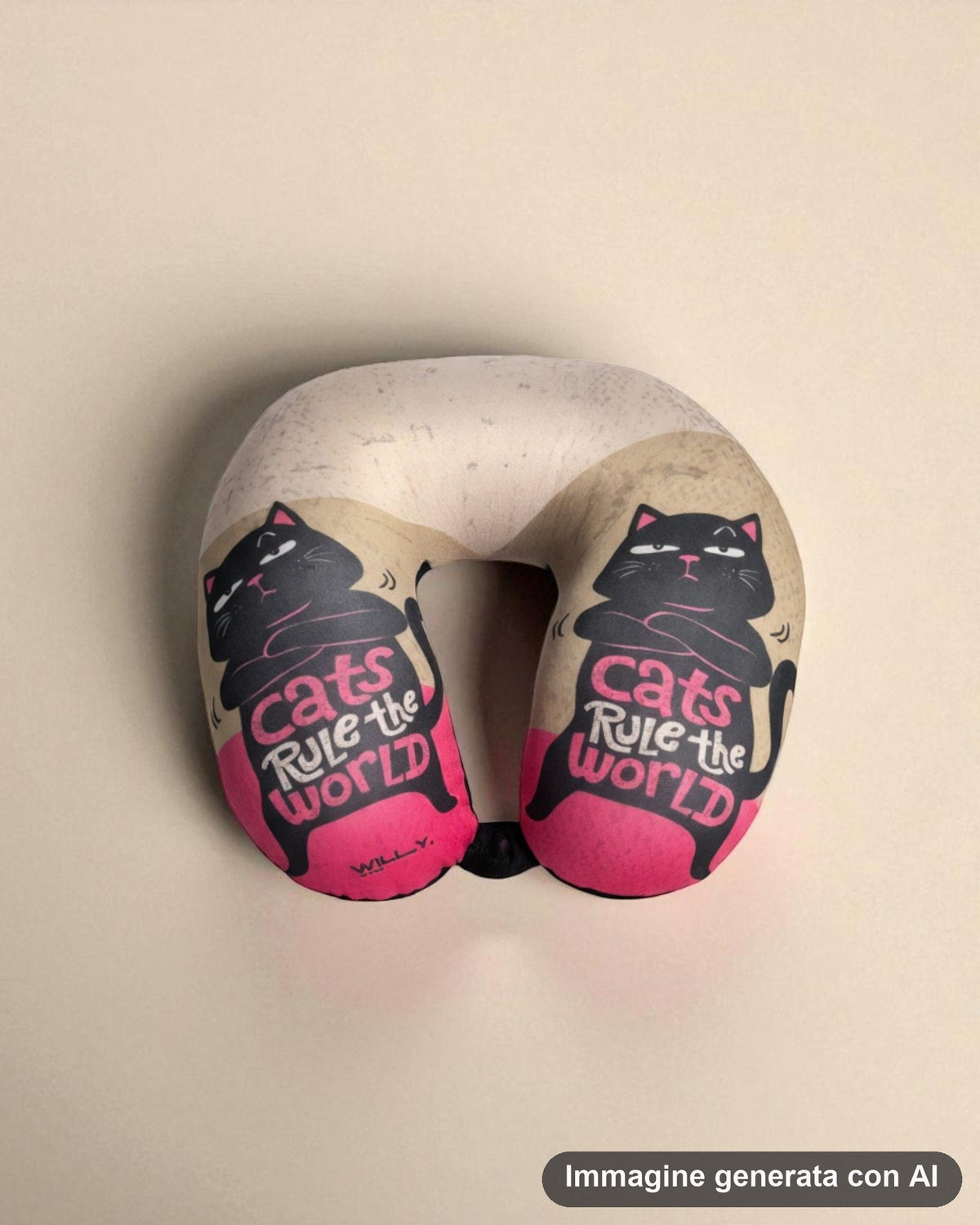 Cuscino da viaggio a ferro di cavallo beige e fucsia con gatti neri disegnati