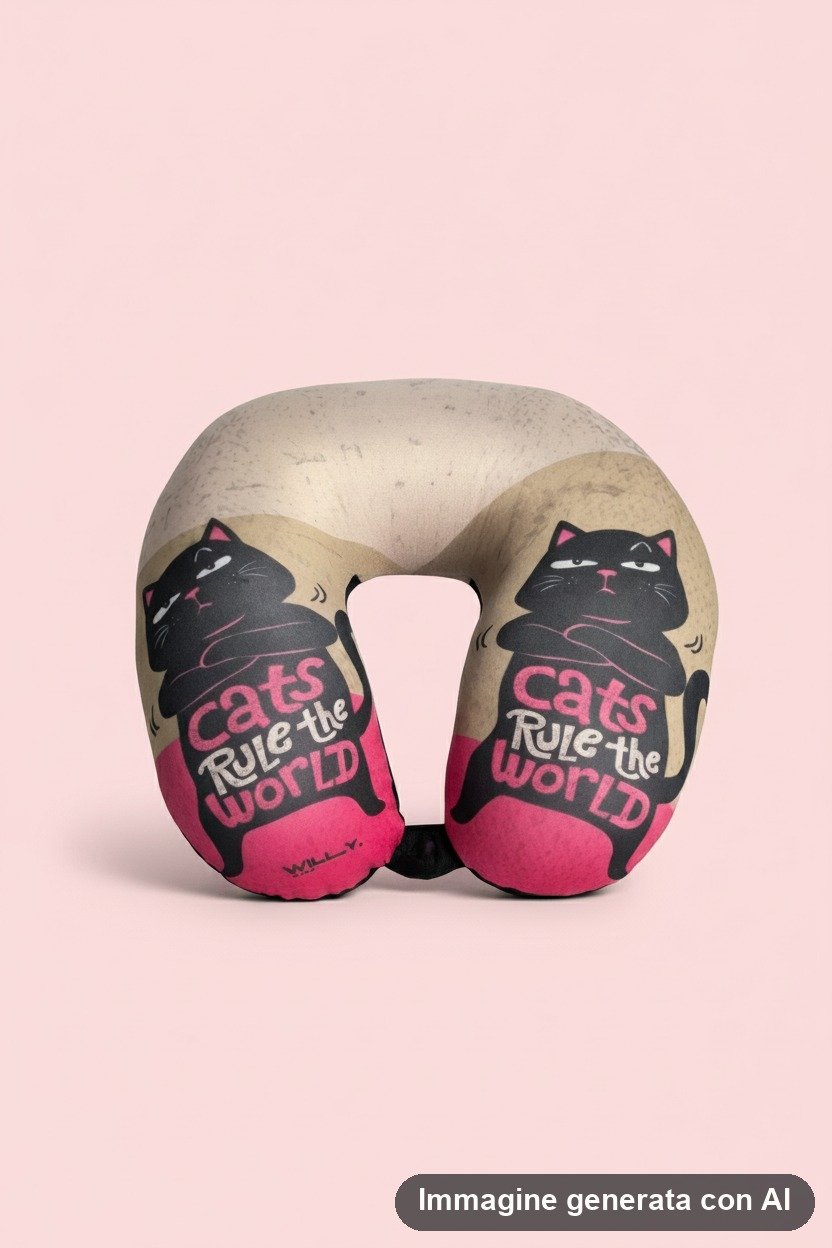 Cuscino da viaggio a ferro di cavallo beige e fucsia con gatti neri disegnati