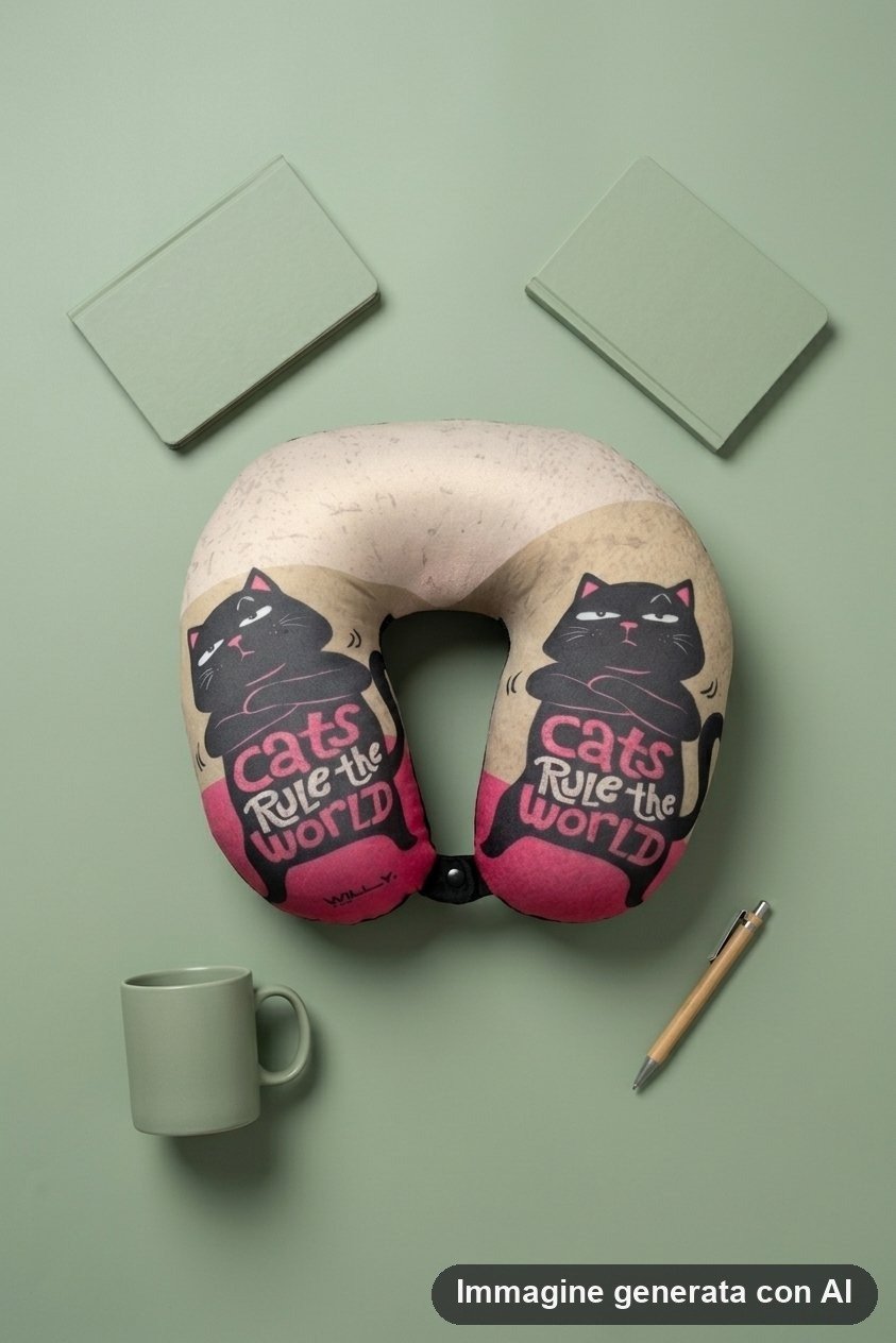 Cuscino da viaggio a ferro di cavallo beige e fucsia con gatti neri disegnati