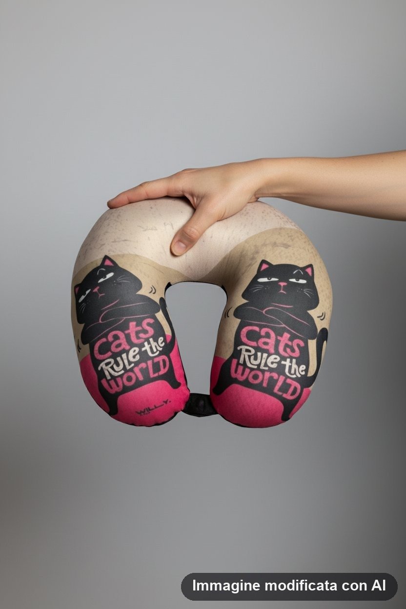 Cuscino da viaggio a ferro di cavallo beige e fucsia con gatti neri disegnati