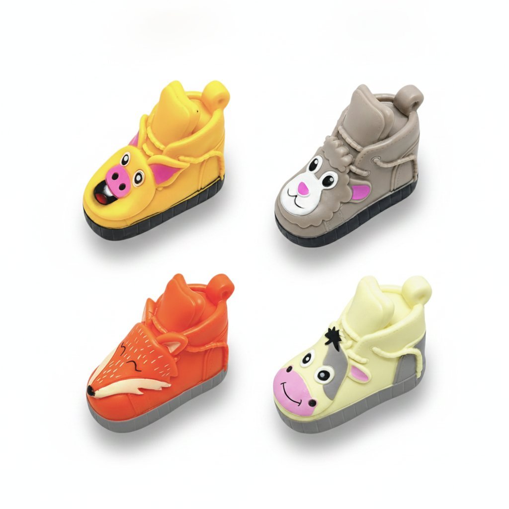 Set di quattro scarpette per animali domestici a forma di pulcino giallo, coniglio grigio, volpe arancione e mucca gialla con