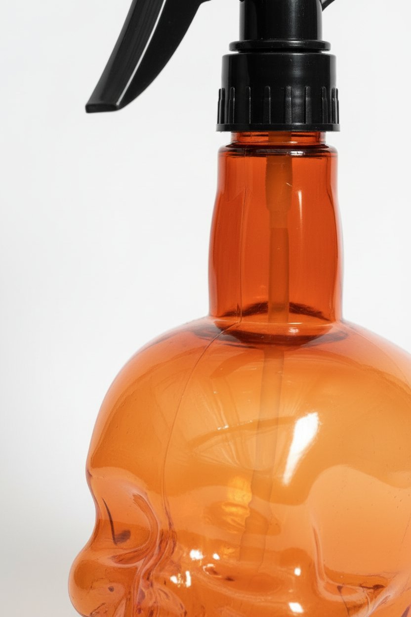 Spruzzatore Skull 550ml arancione con testina nera, flacone a forma di teschio brillante