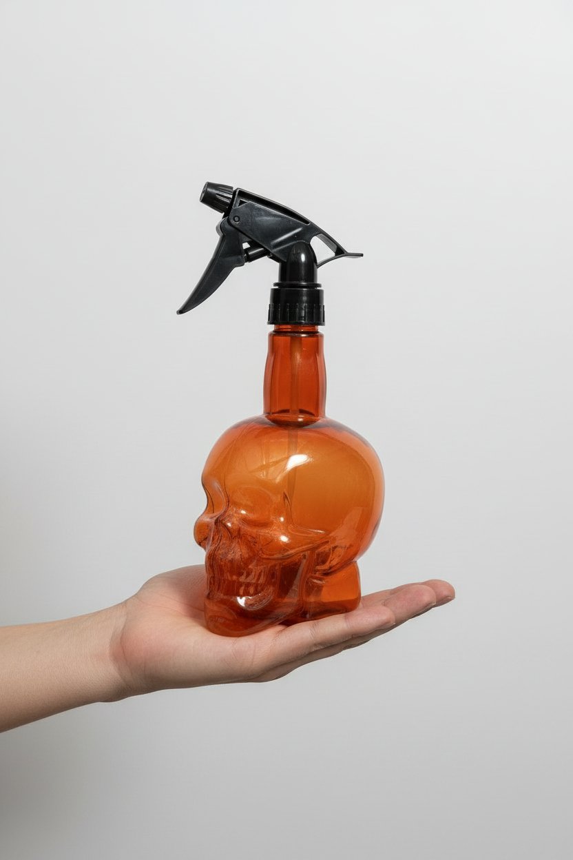 Spruzzatore skull 550ml rosso arancio con teschio in rilievo, trigger nero, tenuto in mano su sfondo grigio