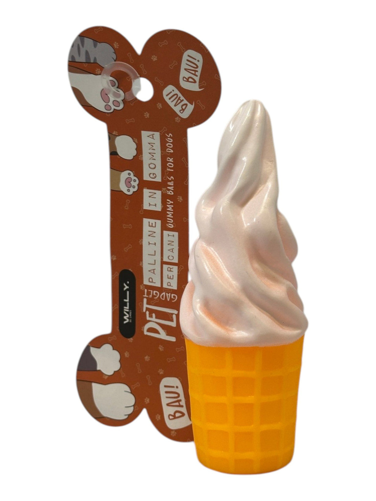 Tre giocattoli per animali a forma di gelato in cono: uno giallo, uno bianco e uno viola con squeak integrato