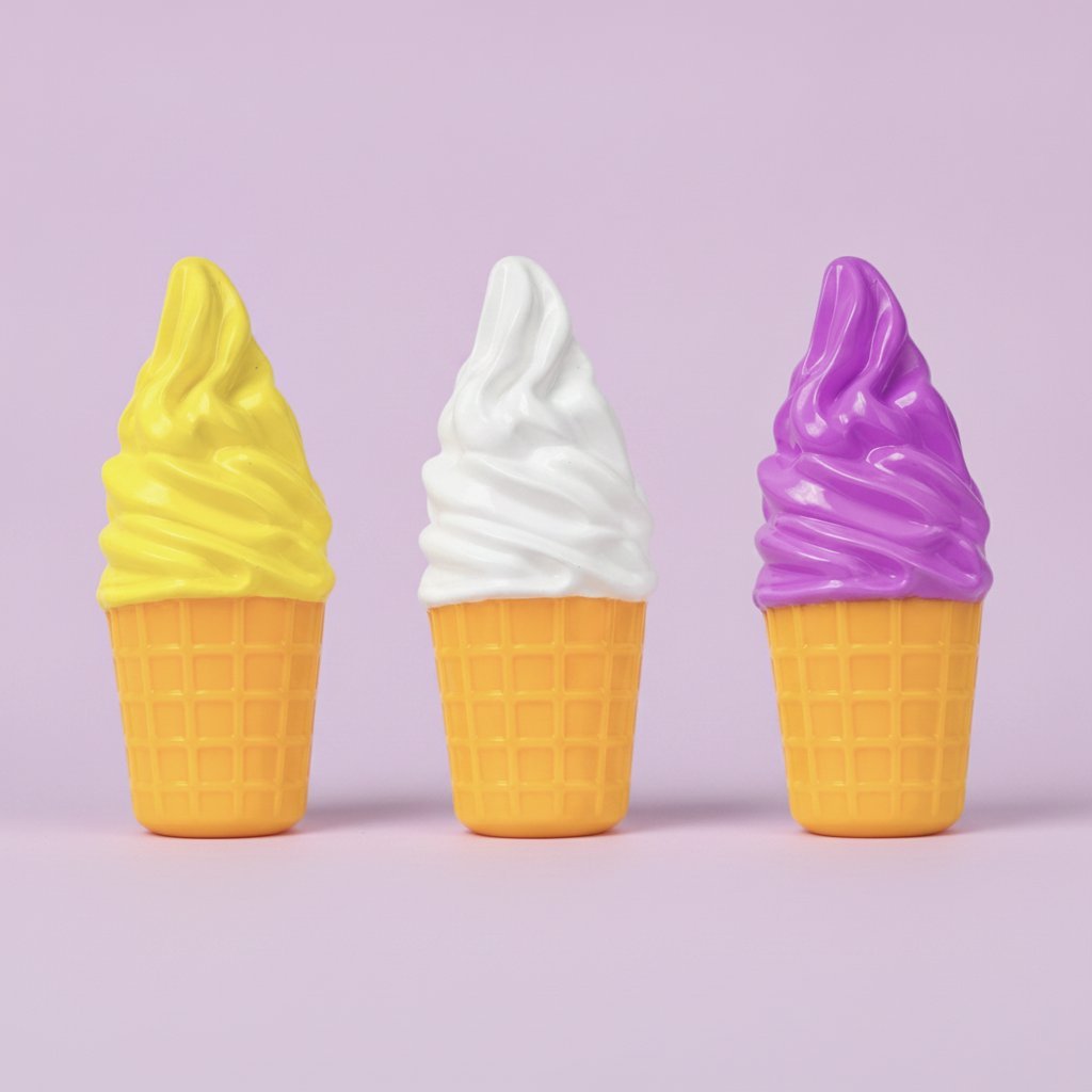 Tre giocattoli per animali a forma di gelato in cono: uno giallo, uno bianco e uno viola con squeak integrato