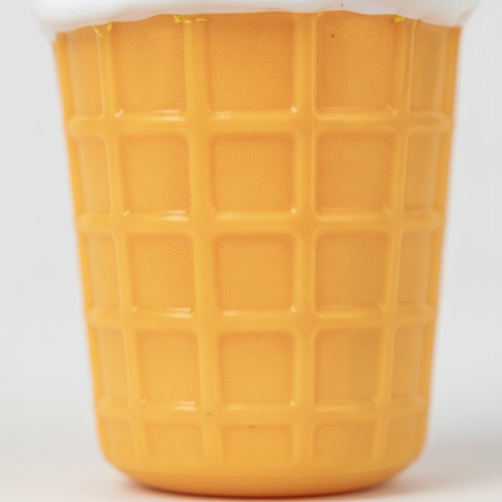 Tre giocattoli per animali a forma di gelato in cono: uno giallo, uno bianco e uno viola con squeak integrato