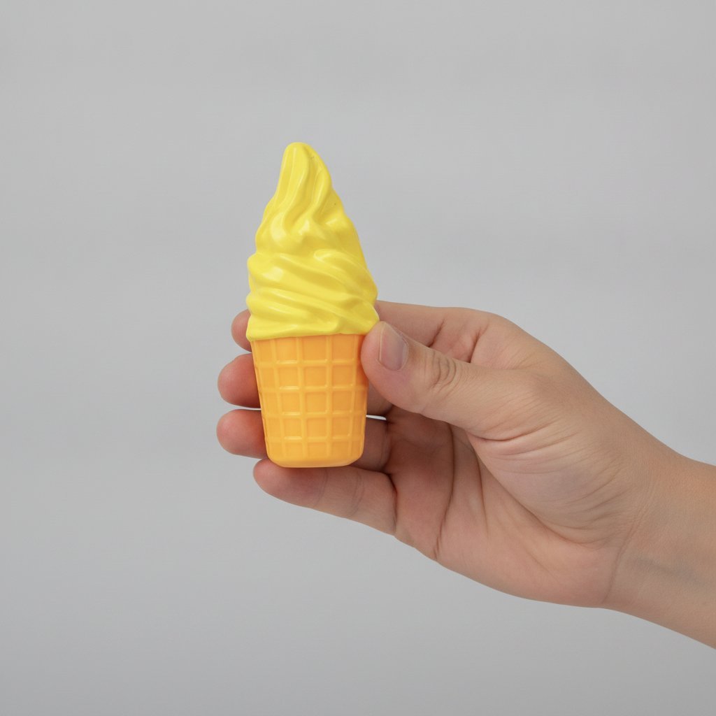 Tre giocattoli per animali a forma di gelato in cono: uno giallo, uno bianco e uno viola con squeak integrato
