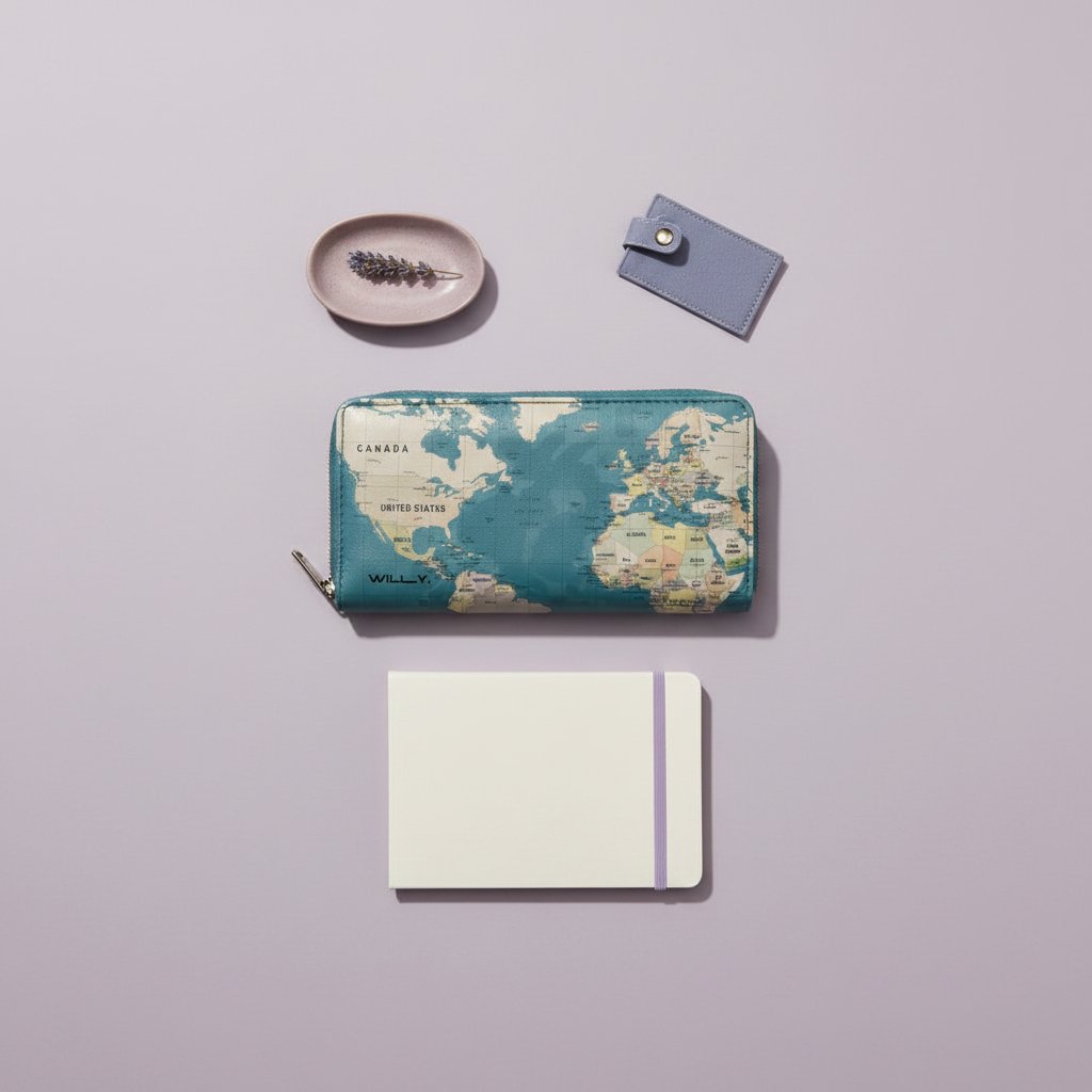 Portafoglio con zip in ecopelle con stampa della mappa del mondo su fondo blu petrolio