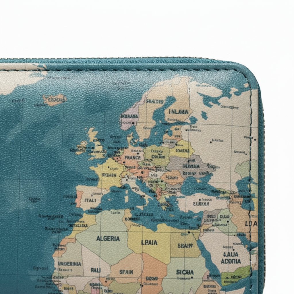 Portafoglio con zip in ecopelle con stampa della mappa del mondo su fondo blu petrolio