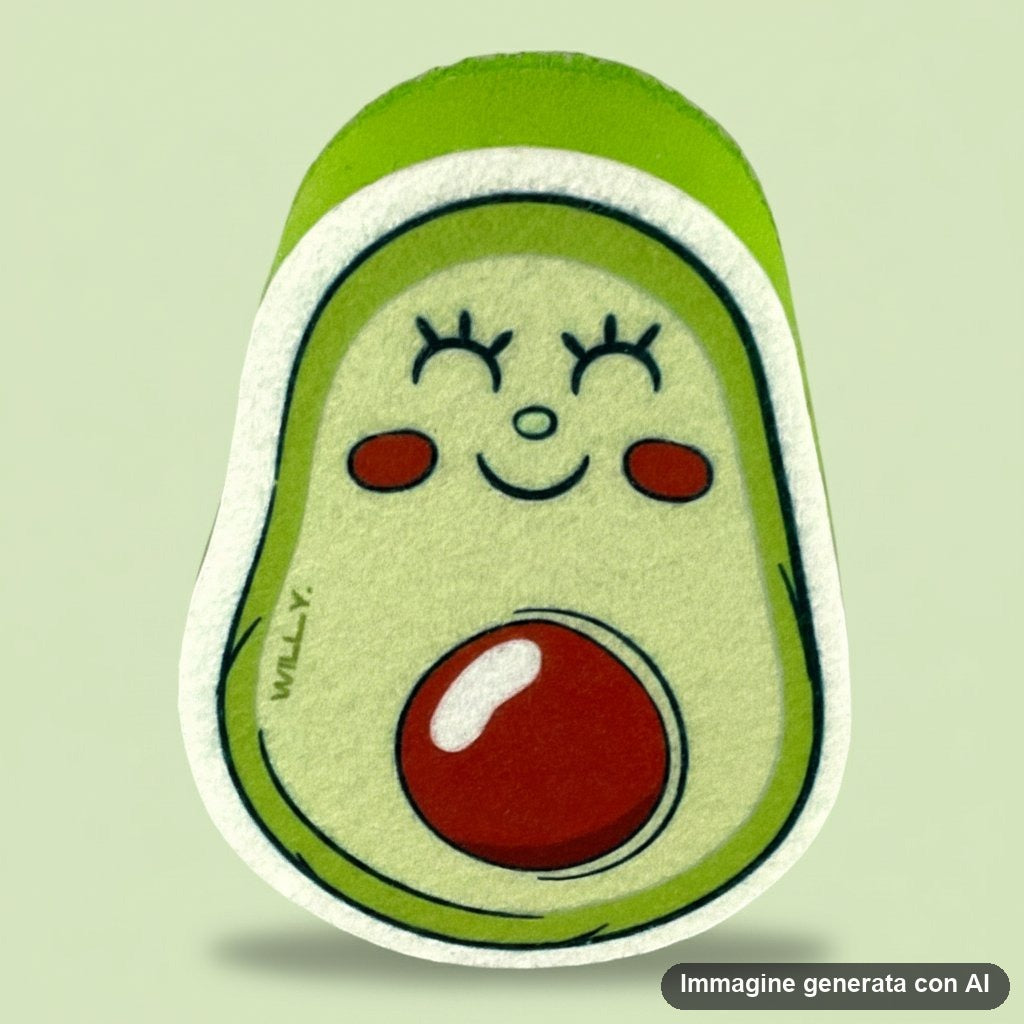 Spugna da cucina sagomata a forma di avocado con faccina sorridente e nocciolo rosso