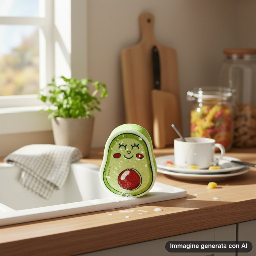 Spugna da cucina sagomata a forma di avocado con faccina sorridente e nocciolo rosso