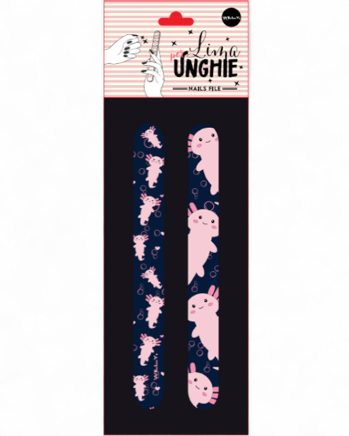 Set di due lime per unghie con axolotl rosa su fondo blu notte e verde chiaro