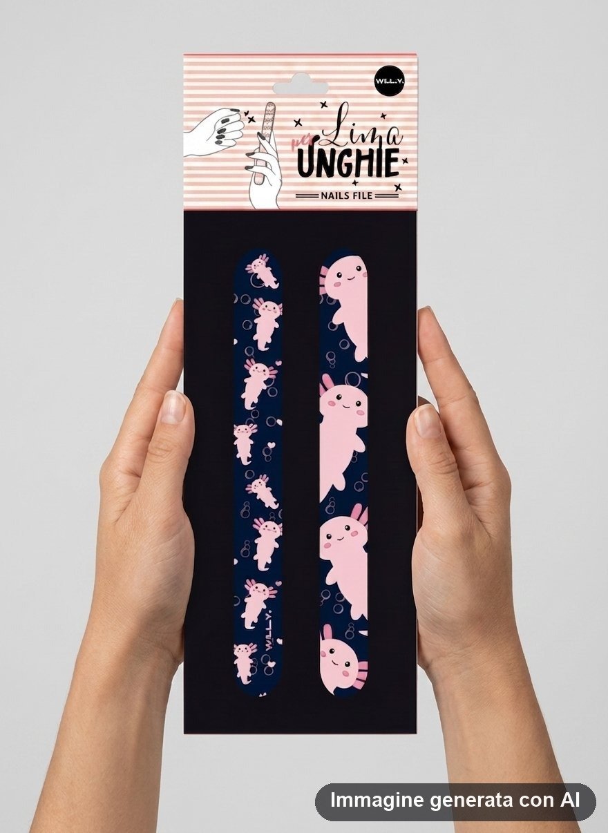 Set di due lime per unghie con axolotl rosa su fondo blu notte e verde chiaro