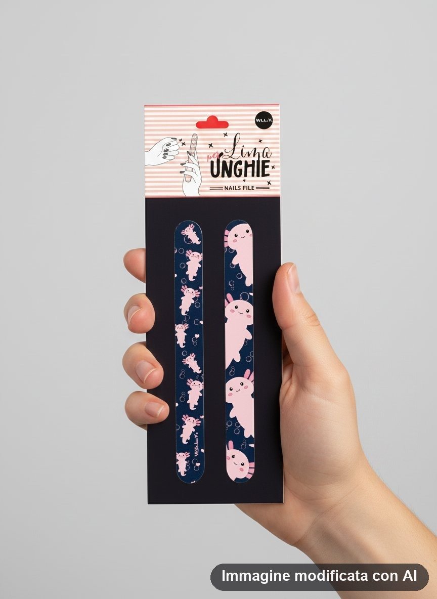 Set di due lime per unghie con axolotl rosa su fondo blu notte e verde chiaro