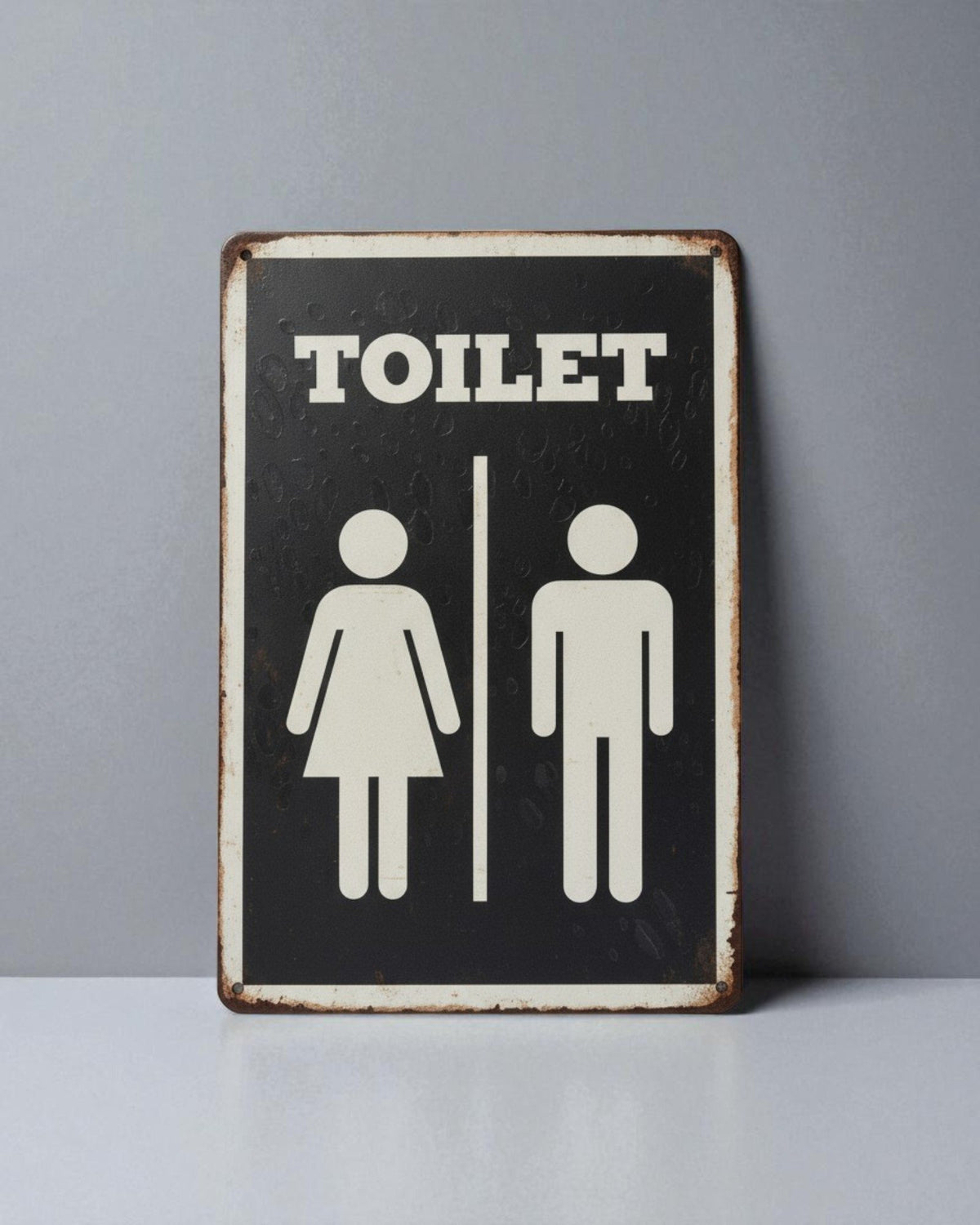 Placca toilet vintage nera e bianca con figure stilizzate uomo e donna, bordi consumati stile retro