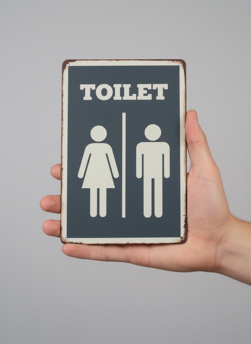Placca toilet vintage in metallo grigio con figure stilizzate uomo e donna, bordi invecchiati, tenuta in mano su sfondo